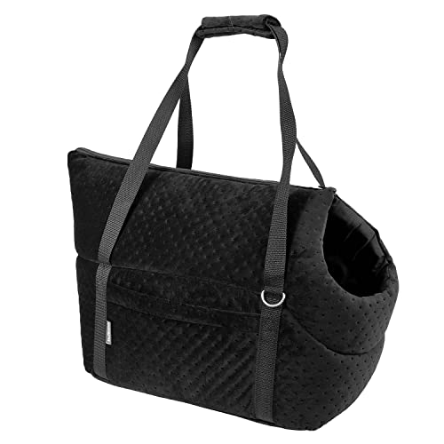 Transporttasche für Hunde und Katzen | Schultertasche für Haustiere mit Gummiband mit Karabiner | bis 5 kg | Material: Wildlederimitat - Velvet | Größe: S | Farbe: Schwarz