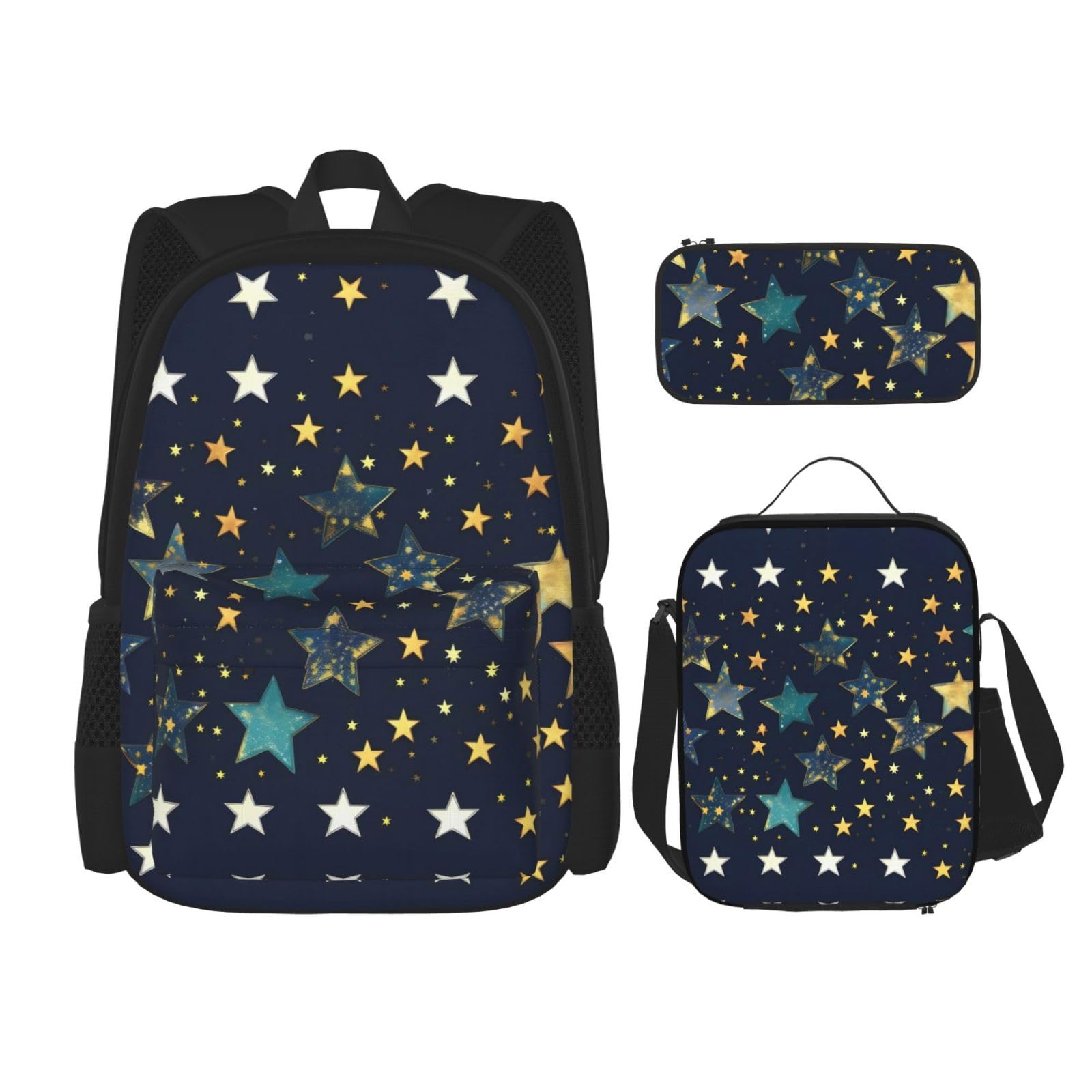 WURTON Stars Eastern Stars Print Reise Lunchbox Federmäppchen Rucksack Set 3 Stück Verstellbare Träger Leicht, Schwarz, Einheitsgröße