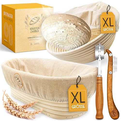 KRUSTENZAUBER Gärkörbchen zum Brotbacken + Bäckermesser - Set aus 2x Gärkorb und 2x Teigritzmesser - Brot Backen Zubehör, Brotkorb, Brotbackform, Sauerteig Teigschneider, Gärfolie Brot