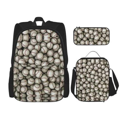 WURTON Rucksack mit Baseball-Druck, 3-in-1, Büchertaschen-Set, Lunchbox, Federmäppchen, Reise-Laptop-Tagesrucksäcke, Schwarz, Einheitsgröße