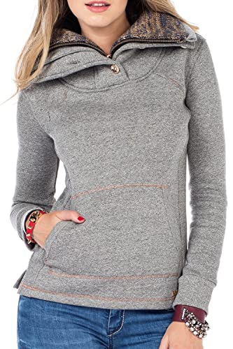 Cipo & Baxx Damen Sweater Pullover Hoodie Sweatshirt Pulli Doppelkragen Kängurutaschen Graumelange XL