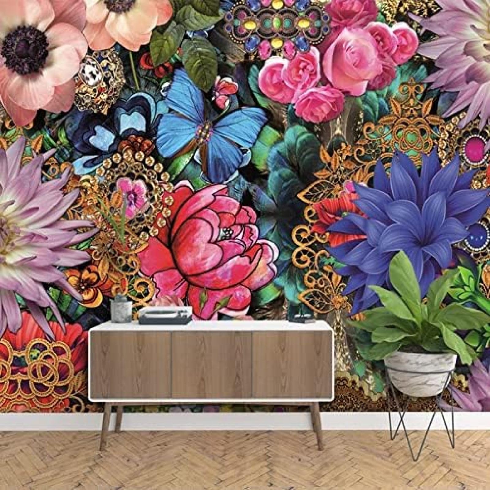 XLMING Kunstblume Schmetterling 3D Tapete Wohnzimmer Sofa Schlafzimmer Esszimmer Home Dekoration Wand-300cm×210cm