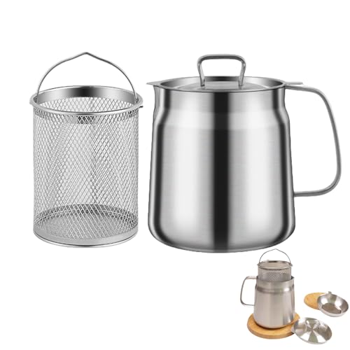 Stainless Steel Oil Filter Pot with Strainer for Kitchen, 304 Stainless Steel, Large Capacity, Versatile Oil Fryer and Filter Cup Combo Vessel (1.5L)