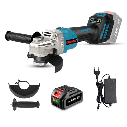 ONEVAN Akku Winkelschleifer, 125mm Bürstenloser Winkelschleifer mit 4.0Ah Akku, 6 Gang Regelbare Drehzahl, 700W Akku Trennschleifer Angle Grinder Winkelschleifer mit Drehzahlregelung