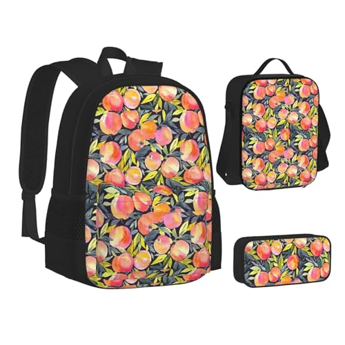 WURTON Farbenfrohes Pfirsich-Druck-Rucksack-Lunchbox-Set, 3-in-1-Büchertasche und Federmäppchen, passende Kombination, Schwarz, Einheitsgröße