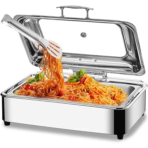 Chafing Dish Elektrisch, 9L Edelstahl Speisenwärmer Buffetwärmer mit Sichtbarem Glasdeckel, Kommerziell Elektrisch Warmhaltebehälter Essen für Buffets und Bankette - Einstellbarer Temperatur(Size: