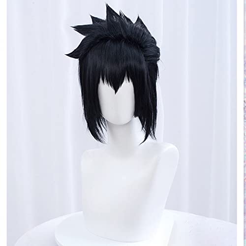 WCCNKK Anime Cosplay Kostüm Perücke Für Uchiha Sasuke Perücke Kappe Enthalten, Schwarze 30CM Kurze Perücke, Geeignet Für Partys, Karneval, Nachtleben, Geschenk Für Anime-Fans,Schwarz