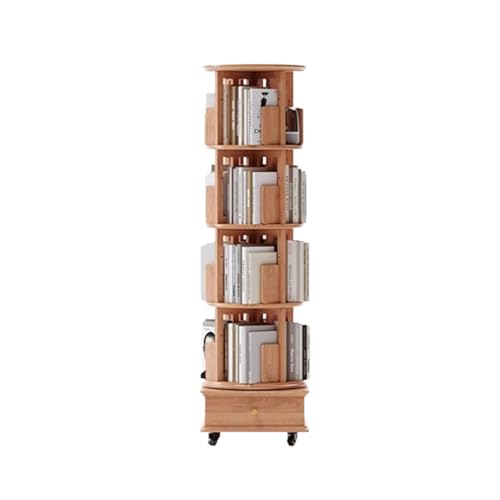 SLOKFV5 Regal Drehbares Bücherregal aus massivem Gummiholz, 360°-Display, mobiles Bücherregal mit Schublade und Rädern, drehbarer Bücherregalturm für das Heimbüro Standregal Bookshelf