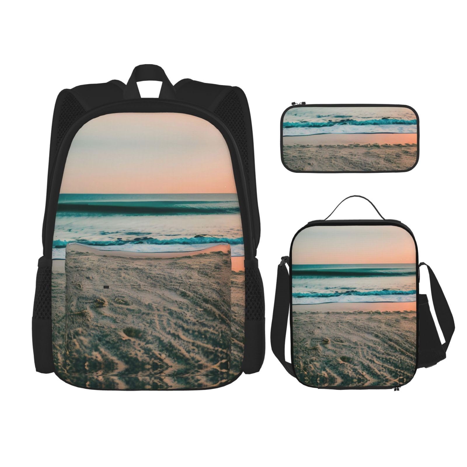 YQxwJL 3-in-1-Rucksack-Büchertaschen-Set, schwarz-weiße Sonnenblumen-Druck, lässige Reiserucksäcke, mit Federmäppchen, Lunchtasche, Strand-Sonnenuntergang-Thema, Einheitsgröße