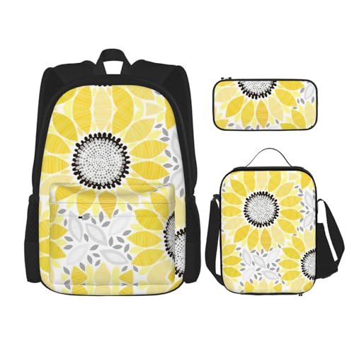 WURTON Abstrakter Sonnenblumen-Druck, trendige Rucksacktaschen, Lunchbox und Federmäppchen, 3-in-1, verstellbares Rucksack-Set, Schwarz , Einheitsgröße