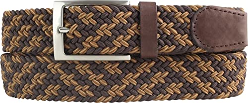 BELTINGER Hochwertiger Stretch-Gürtel mit echtem Leder 3,5cm | Elastischer, geflochtener Golf-Gürtel 35mm | Dehnbarer, mehrfarbiger Flecht-Gürtel | Segel-Gürtel | Braun 90cm