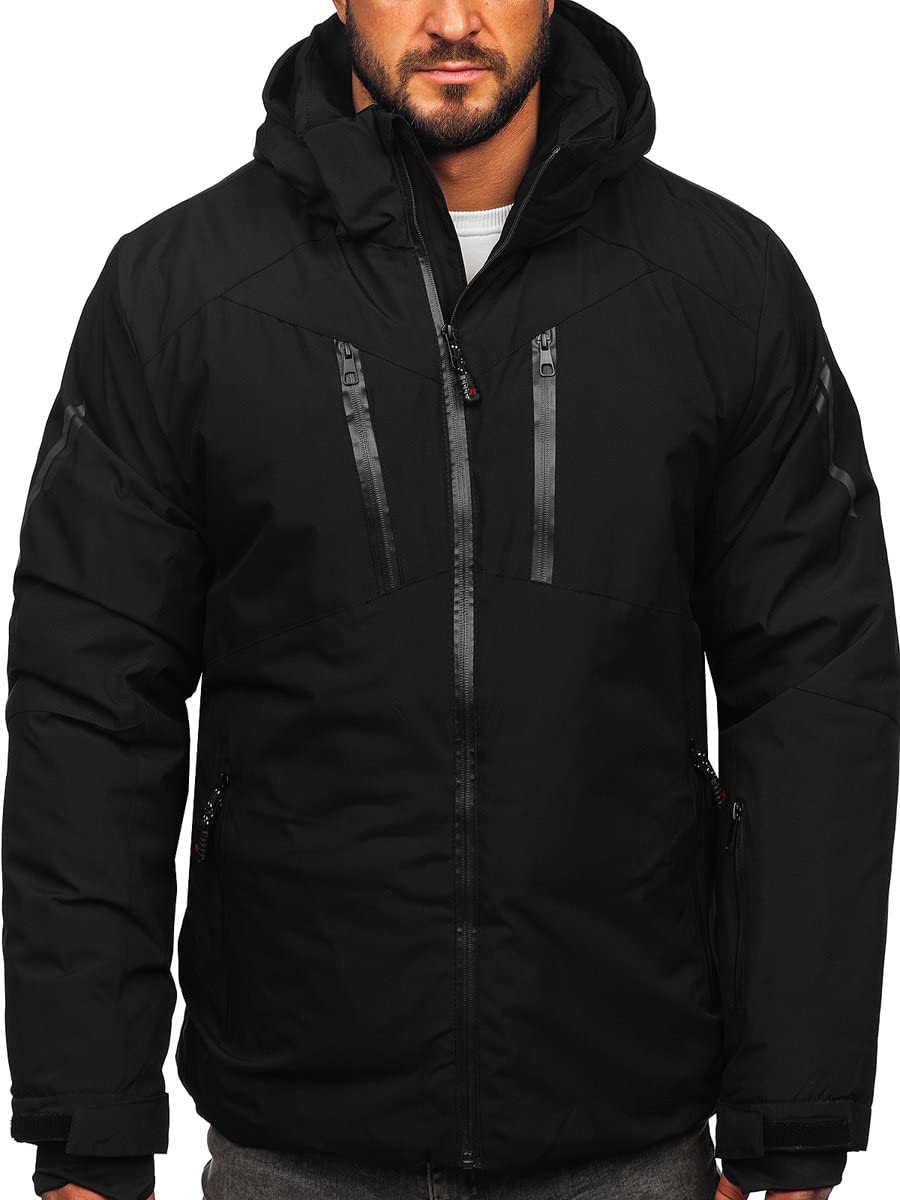 BOLF Herren Winterjacke Skijacke Snowboardjacke mit Reißverschluss und Kapuze Bündchen Outdoor Freizeit 7507 Schwarz M [4D4]