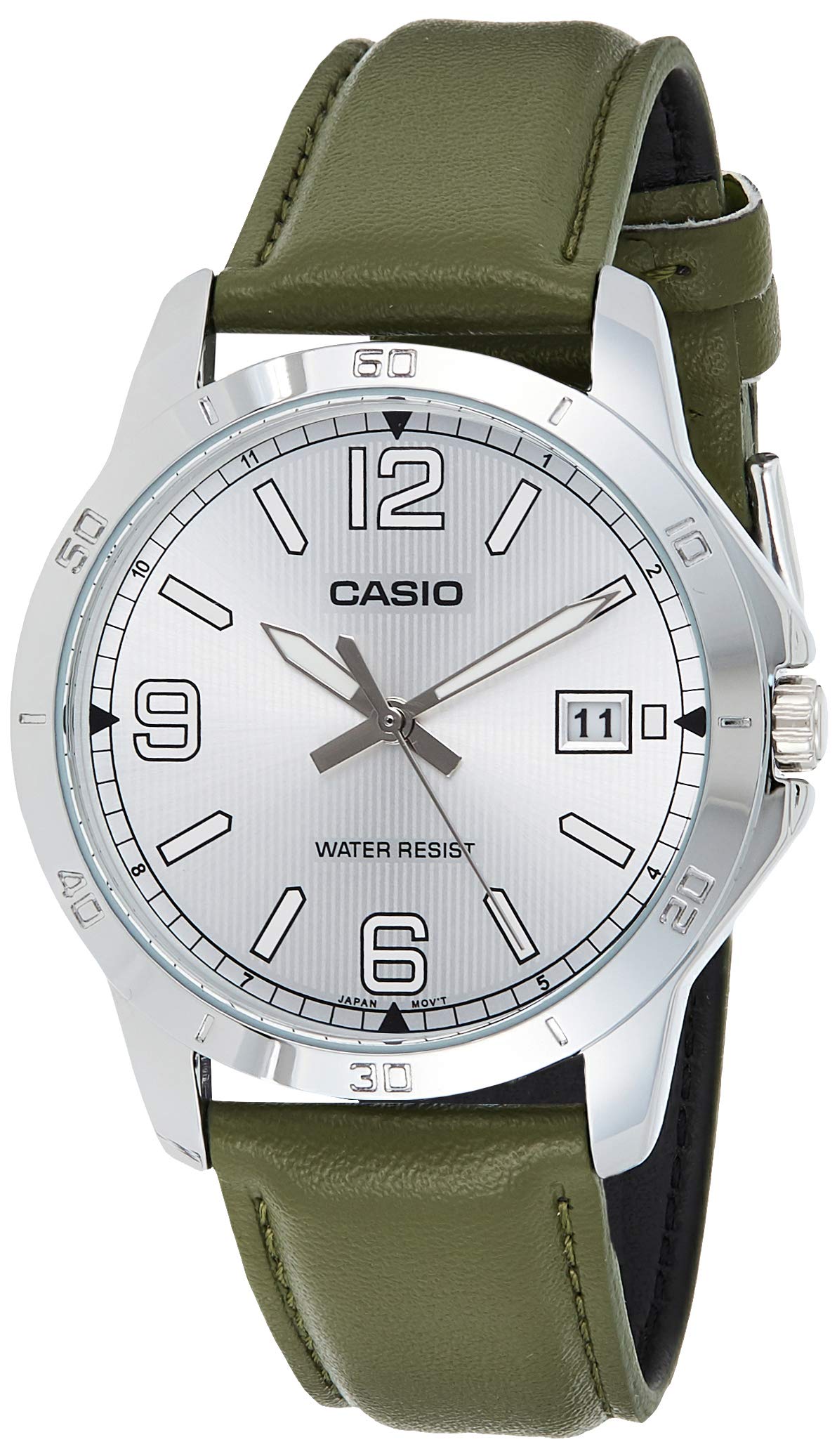 Casio MTP-V004L-3B Men's Stainless Steel Green Leather Band Silver Dial Date Watch