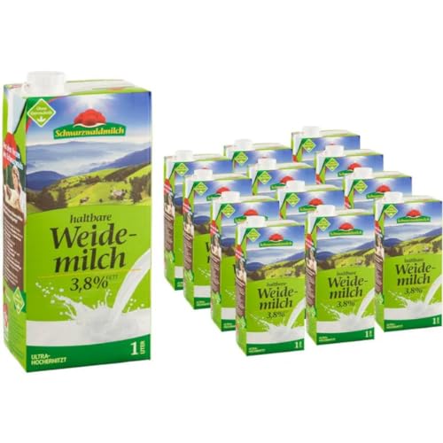 Schwarzwaldmilch Milch fettarme H-Milch, 3,8% Fett Haltbare Milch, Weidemilch, je 1 Liter, 12 Stück+ pufai