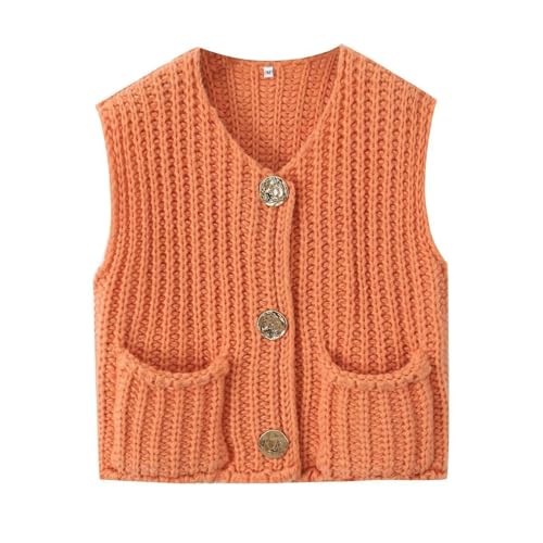 Sweater Vests Women 2024, Women's Button Front V Neck Sleeveless Crochet Solid Checkered Knit Sweater Vest with Pockets (Coral,Small)