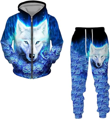 RIAAJ Wolf Herren Langarm Pullover Trainingsanzug 3D Hoodie und Sweatpants Set mit Zipper für Manner (A5,2XL)