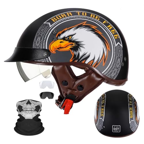 Motorrad Halbhelm Halbschalenhelm Mit Gesichtsschutz ECE-Zulassung Motorradhelm Brain Cap Einziehbaren InnengläSern Schnellverschluss Abnehmbares Waschbares Futter M-2XL 57-64CM