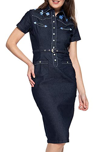 Queen Kerosin Damen Jeanskleid Im Westernchic Ohne Ausschnitt Kurzarm Hemdblusenkleid Figurbetont Bestickt Abgesteppt