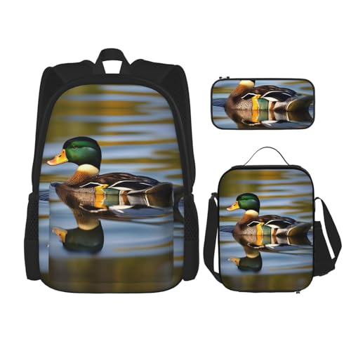 WURTON Mallard Duck Print Lunchbox Federmäppchen Rucksack Set 3 Stück Verstellbare Träger Langlebig Leicht, Schwarz, One Size