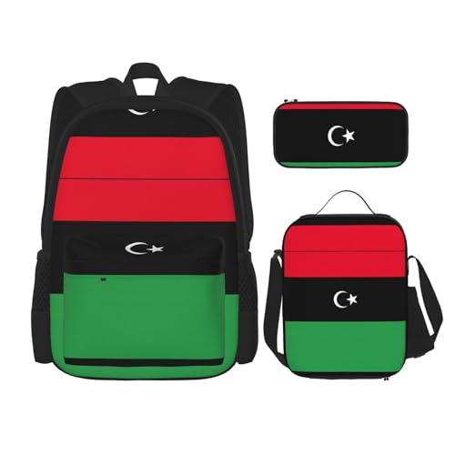 WURTON Schulrucksack-Set mit libyscher Flagge, 3-in-1-Büchertaschen-Set mit Lunchbox, Federmäppchen, Reise-Laptop-Tagesrucksäcke