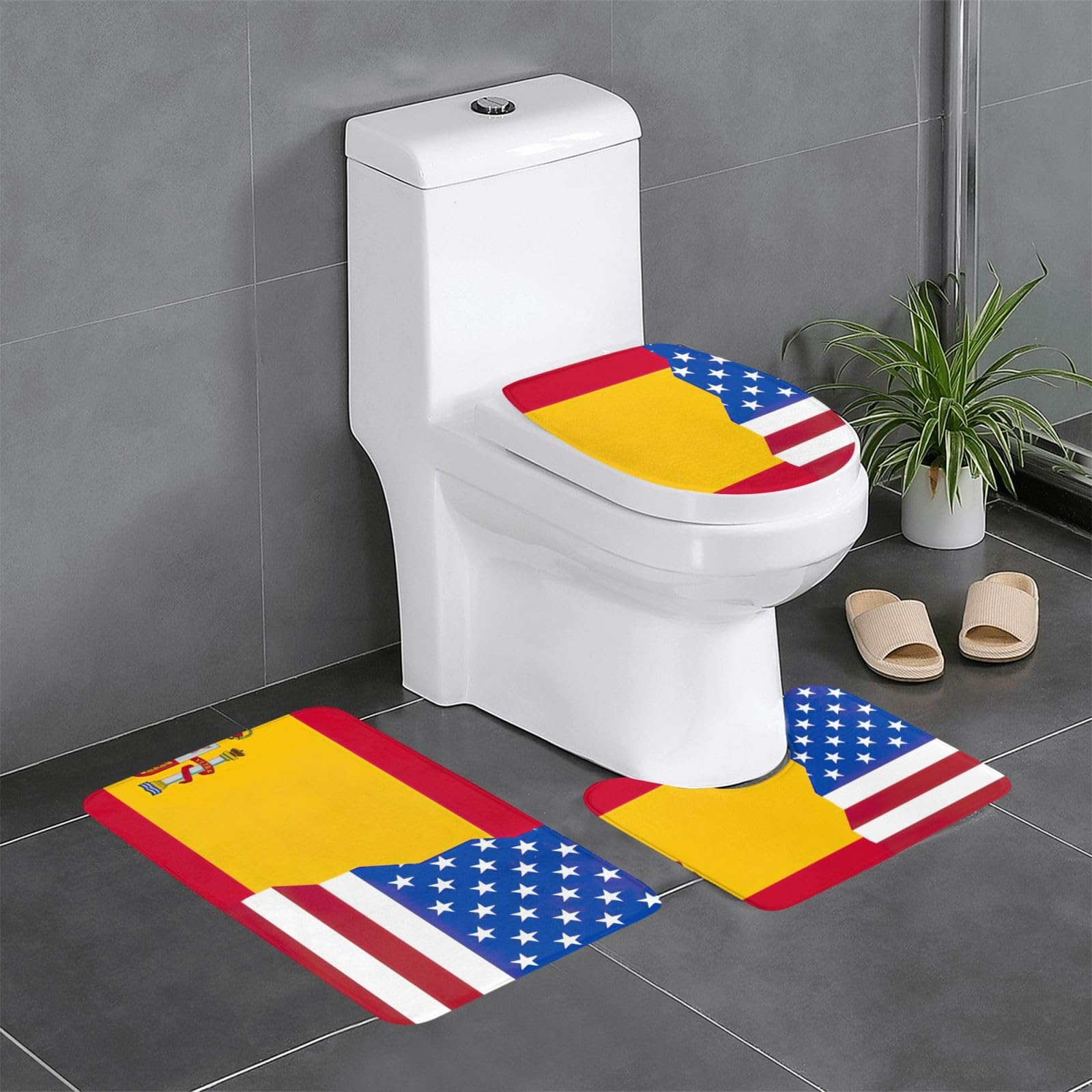 Wurton Badteppich-Set mit amerikanischer Spanien-Flagge, Polyester, stilvoll, funktional, Badezimmerteppich, Zubehör, 3 Stück