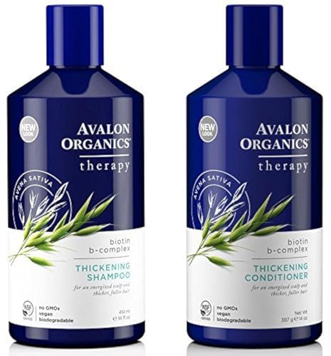 Avalon Organics All Natural Biotin B-Complex Therapy Thickening Shampoo and Conditioner For Hair Loss and Thinning Hair With Aloe, Lavender and Peppermint, Sulfate and Paraben Free, 14 fl. oz. each