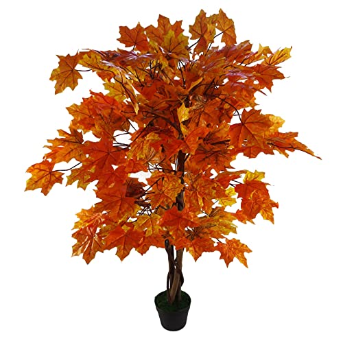 Leaf Künstlicher Ahornbaum, 125 cm, Schwarz, Kunststoff, Topf-Design, UK, Holz, Orange