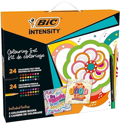 BIC Intensity Malset mit Filzstiften, Buntstiften und Malbüchern: Be Peaceful: Colour Your Soul Happy and Feel-Good Songs – verschiedene Farben, Set à 50