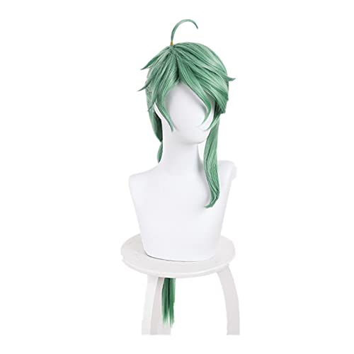 LINLINCD-Wig Anime Cosplay Genshin-Wirkung. Baizhu Cosplay Perücke Baishu grün 90cm lang gerader geflochtene Pferdeschwanzhaar Rollenspiel cos Requisiten hübsch grau grün