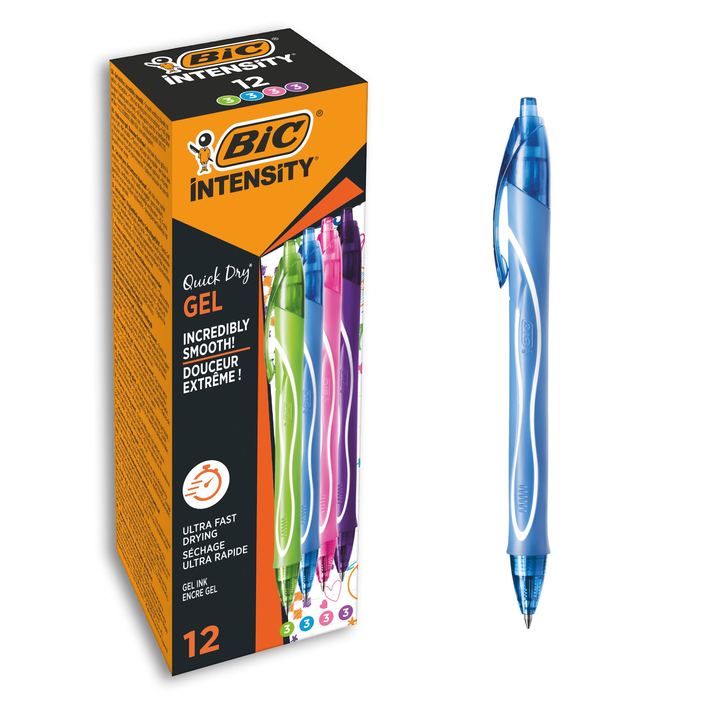 BIC 964826 Gel-ocity Quick Dry Tintenroller, 12 Gelstifte in 4 verschiedenen Farben, Strichstärke Medium, mit gummierter Griff-Fläche