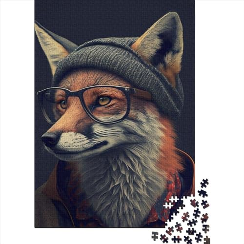 Hipster-Fuchs in Kleidung, Holzpuzzle, Puzzle für Erwachsene und Jugendliche, Lernspiel für Erwachsene und Kinder, 52 x 38 cm