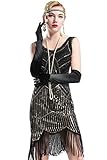 BABEYOND Frauen Art Deco V-Ausschnitt 20s Gatsby Fringed Sequin Flapper Kleid (Etikette XL/ UK18/ EU46, Schwarz und Gold)