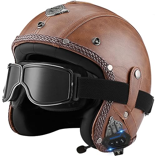 Motorradhelm Leder Bluetooth Jethelm Roller Helm Scooter Helm Moped Mofa Helm mit Brille DOT/ECE Zertifiziert Vintage Motorrad Jet Helm Roller Helm Harley-Helm Für Männer Frauen