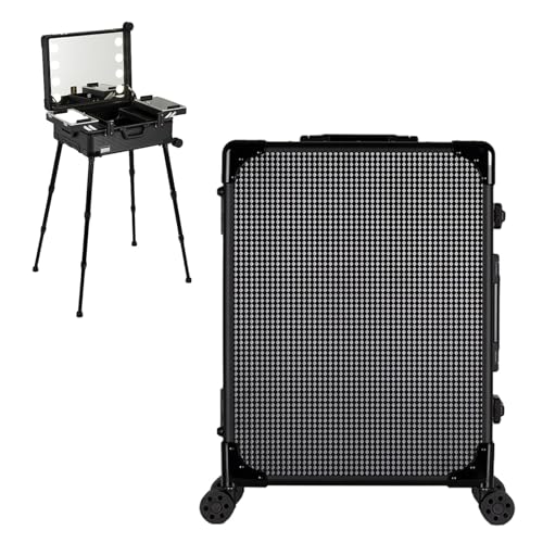 Aluminium-Trolley, Make-up-Zugkoffer mit LED-Leuchten, professioneller Kosmetik-Organizer für Studio, 3 Lichtschattierungen, Räder und Ständer (Black Plaid 58X45X23cm)