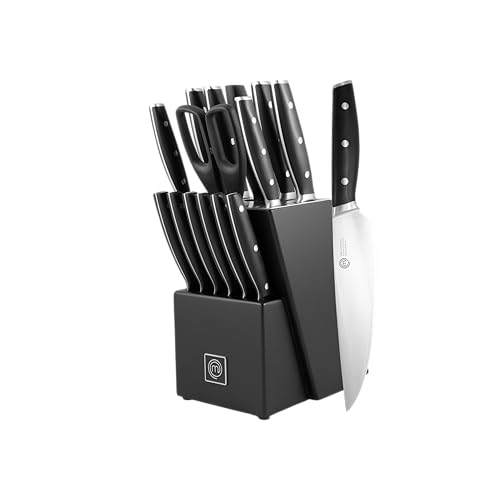 MasterChef Messerblock mit Kochmesser Profi, Küchenmesser set ink. Kochmesser, Brotmesser, Steakmesser, Santokumesser, Gemüsemesser Schere und Schärfer, 15-Teilig, Hochkohlenstoffstahl, Superscharf