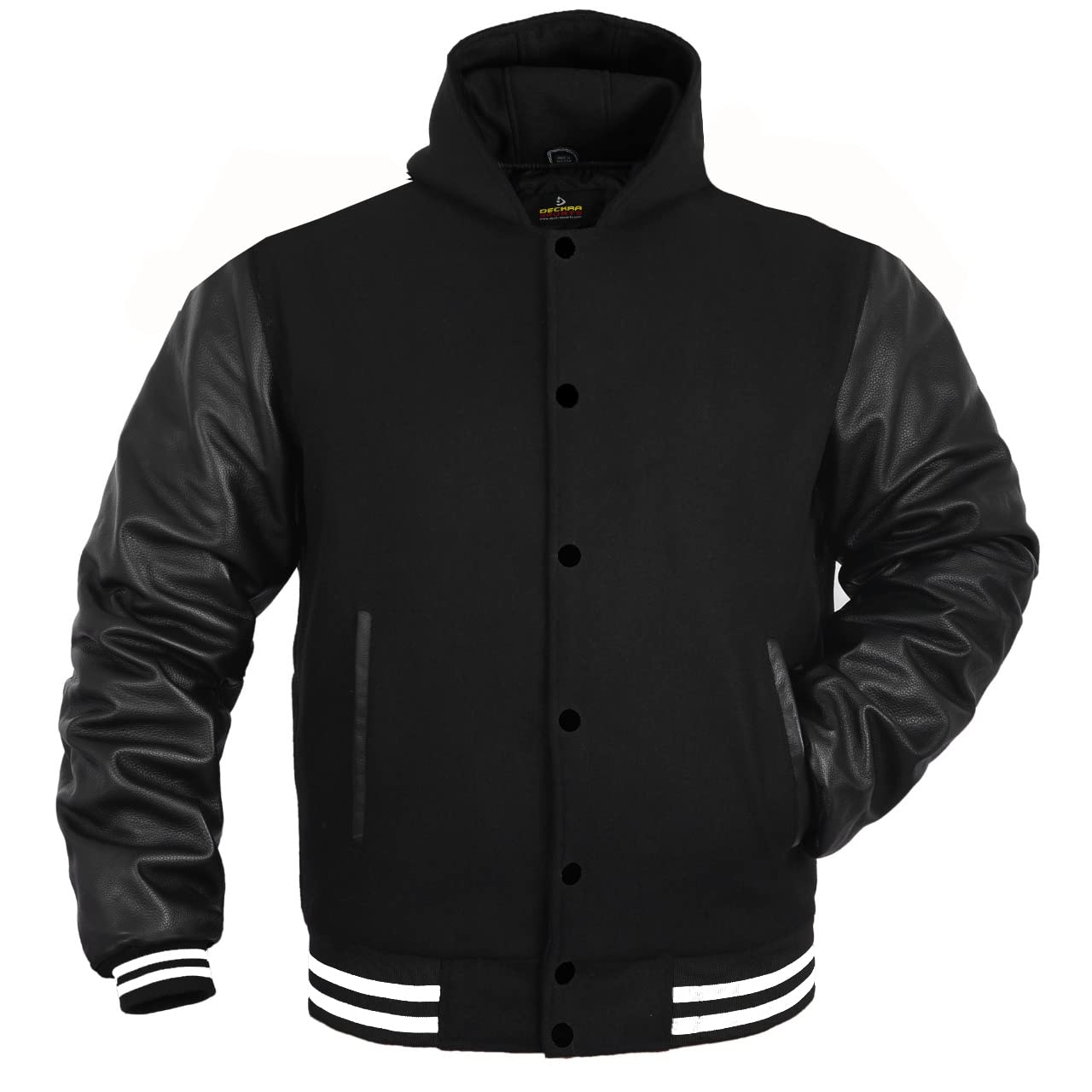 Herren-Varsity-Jacke, Echtlederärmel und Wollmischung, Letterman, Jungen, College-Jacke, Größe XS-5XL, Schwarz + Schwarz (weiße Linie), L