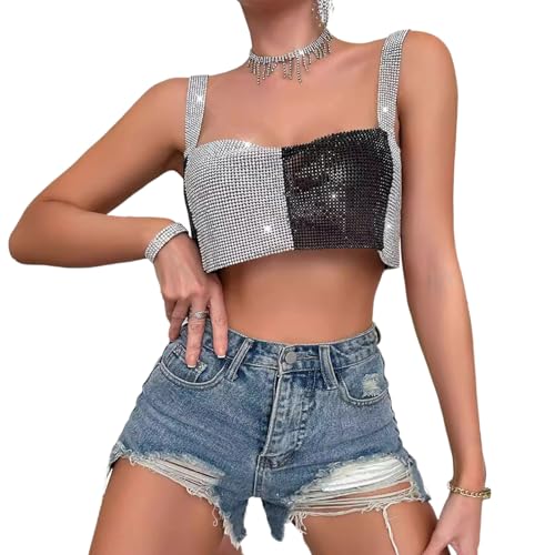 SOUTHJIELING Damen Strass-Kette, bauchfreies Schlauch-Top, Nachtclub, Körperschmuck, rückenfrei, Metallkette, Camisole