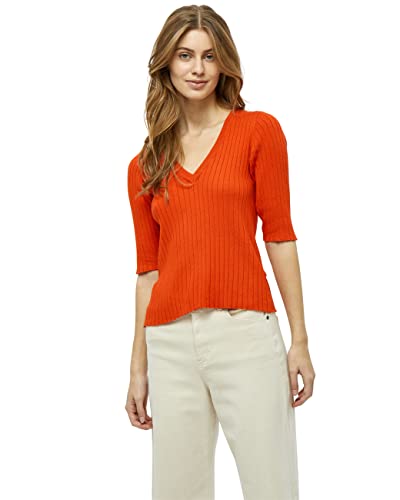 Peppercorn Damen Peppercorn Tana V-ausschnitt Halb Ärmel Rib Pullover | Pullover Damen in Orange Herbst Pulli Damen Rippstrick, Intensives Orange, M EU