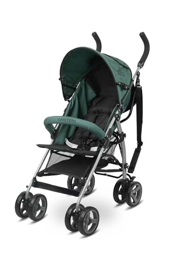 IKS2 Caretero ALFA - Kinderwagen, Buggy - ab 6 Monaten bis 15 kg - Verstellbare Rückenlehne - Mit Sicherheitsgurt, Verdeck, Korb - Reisebuggy 5,3 kg leicht - Buggy Klein Zusammenklappbar - Dunkelgrün