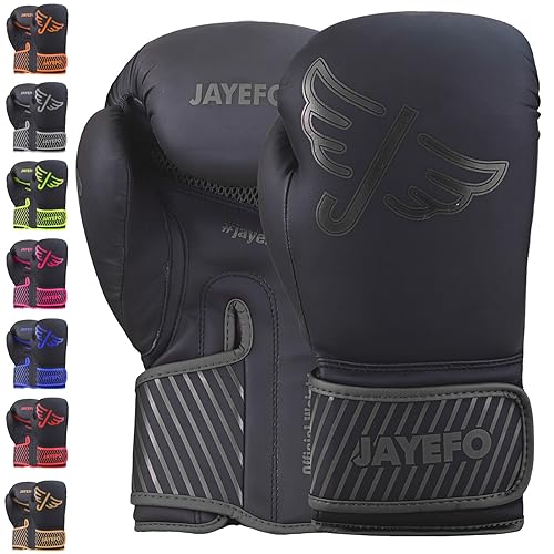 Jayefo Glorious Boxhandschuhe Muay Thai Kickboxen Leder Sparring Heavy Bag Workout Pro Leder Handschuhe Handschuhe Handschuhe Arbeit für Männer und Frauen, schwarz, 12 OZ