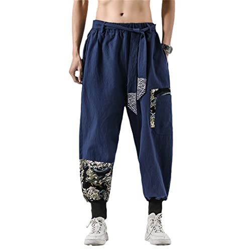 Hcclijo Harajuku Herren Leinen Samurai Kostüm Druck Gürtel Retro Haremshose Haori Baggy Hose, dunkelblau, 56