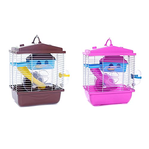 2 Stück Haustierkäfig Hamsterhaus mit transparentem Dachfenster Doppelschicht Haus für Golden Hamster Haustier, Kaffee & Rosa