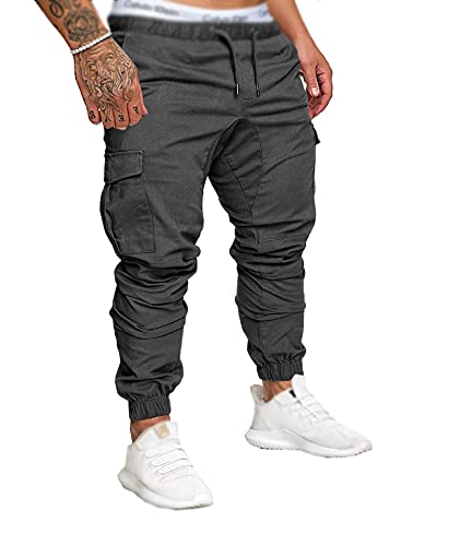 SOMTHRON Herren Elastische Taille Gürtel Baumwolle Jogging Sweat Hosen Plus Size Mode Lange Sports Cargo Hosen Shorts mit Taschen Joggers Activewear Hosen, Dark Grey, XXL