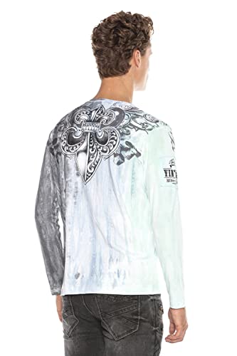 Cipo & Baxx Herren Langarmshirt Longsleeve Sweatshirt Sweater Pullover Print mit Batik Waschung Blau-Grün XXL