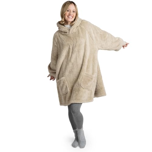 Blumtal kuschelige Hoodie Decke mit Ärmeln - tragbare kuscheldecke OEKO-TEX zertifiziert, Hoodie Blanket mit 2 Fronttaschen und Kapuze für maximale Bewegungsfreiheit und Komfort - Sand - Beige