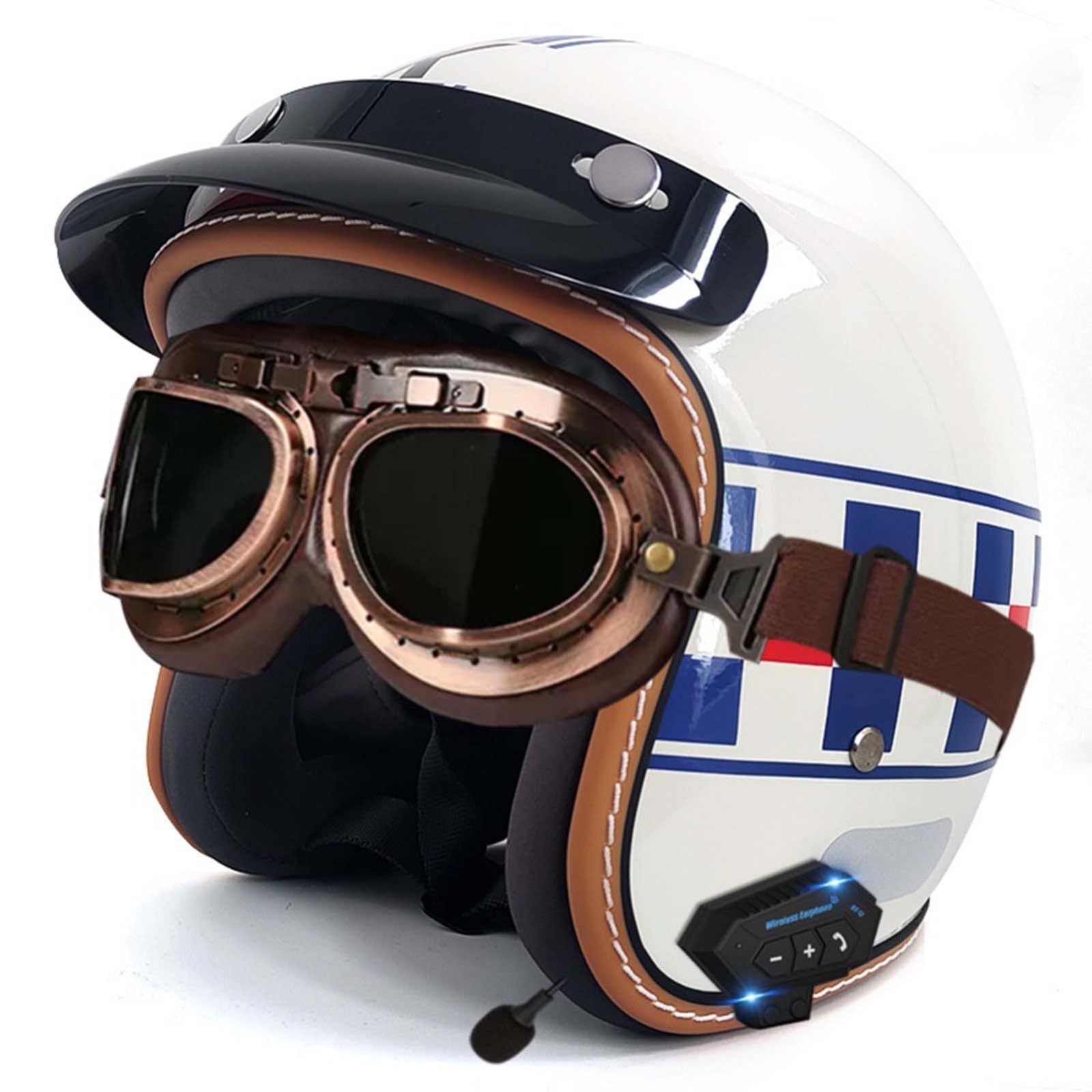 Bluetooth-Helm, Halber Gesichts-Motorradhelm, Integrierter Bluetooth-Helm, DOT/ECE-Zertifizierung, Erwachsene, Männer, Frauen F,XL61-62CM