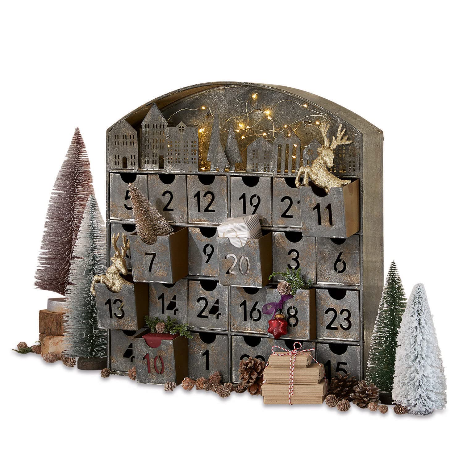 Loberon Adventskalender Léran, zum Selbstbefüllen, mit 30 LEDs, Ausgestanzte Häuschen & Ziffern, Festliches Design, Advent, Weihnachten, Weihnachtsdeko, Eisen, grau