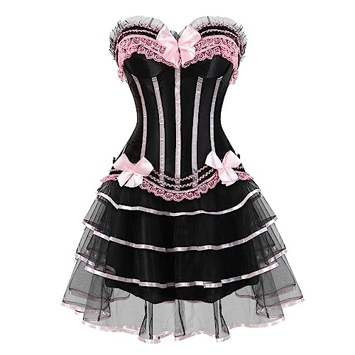 Mittelalter Rock Damen Set Steampunk Gothic Rock und Korsett Zweiteiliges Vintage Viktorianisch Renaissance Spitzen Tutu Rock Halloween Karneval Kostüm Palast Gotischer Punk 2PCs Party Outfit