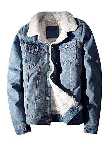 Idopy Herren Jeansjacke Winter Dicke Warme Cowboy Mäntel Oberbekleidung Fleece Gefüttert Outdoor Multi Pockets Jacken Hellblau 4XL