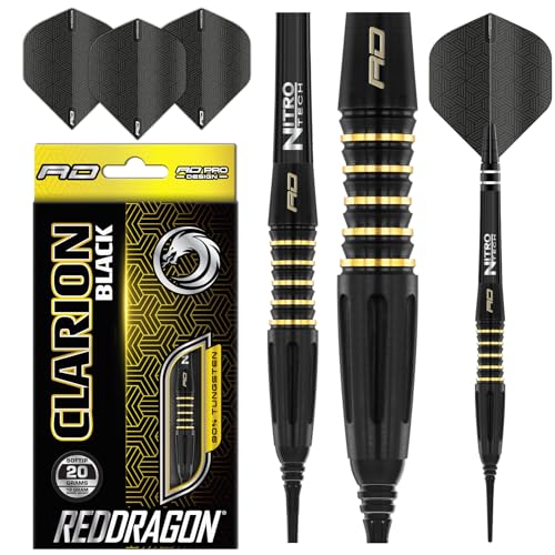 RED DRAGON Clarion Black 20g Softip Tungsten Darts Set with Flights and Stems